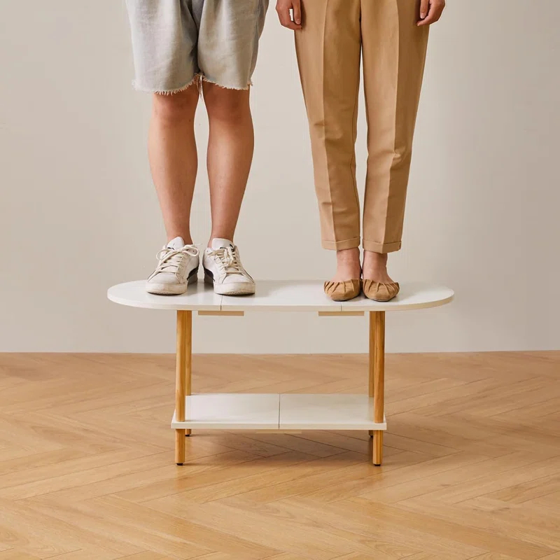 Latitude Run® Oval Coffee Table White, Small Wooden Coffee Table For Small Space, Splicing Design 35 * 16 * 17In, 2 Tier Center Table For Living Room White