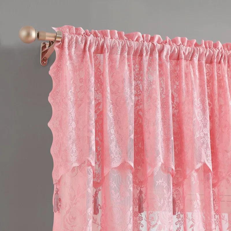 Rosdorf Park Rosdorf Park Pair Of 2 Sheer Lace Curtain Panels with Attached Matching Valance With 6 Tassels. (Set of 2)