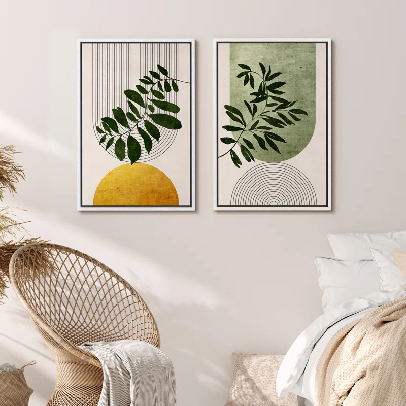 IDEA4WALL Mid Century Modern Boho Green Yellow Bright Plant Art Framed Canvas 2 Pieces Print  Wall Art Set
