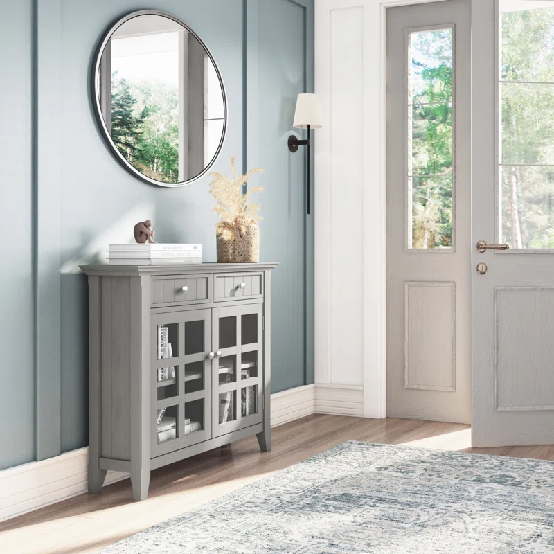 Simpli Home Acadian 36"W Solid Wood 2-Shelf Entryway Storage Cabinet with Glass Doors and 2 Drawers