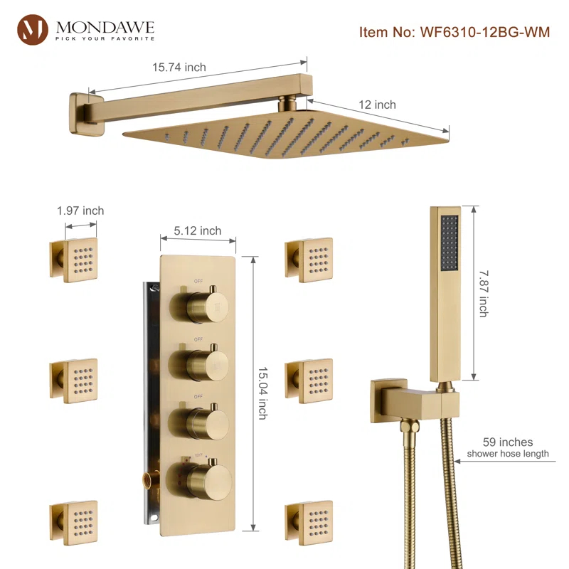3 Functions Wall Mount Thermostatic Complete Shower System with 6 Body Jets, Rough-in Valve