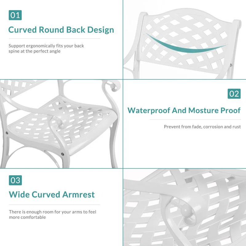 One Allium Way® 2 Piece Patio Dining Chairs, Outdoor All-Weather Cast Aluminum Chairs, Patio Bistro Dining Chair Set Of 2 For Garden Deck Backyard, Lattice Weave Design, White