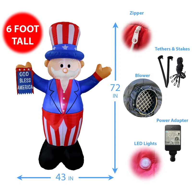 6 Foot Tall Lighted Patriotic Independence Day 4th of July Inflatable Uncle Sam with Flag Indoor / Outdoor Blow Up Holiday Yard Decoration