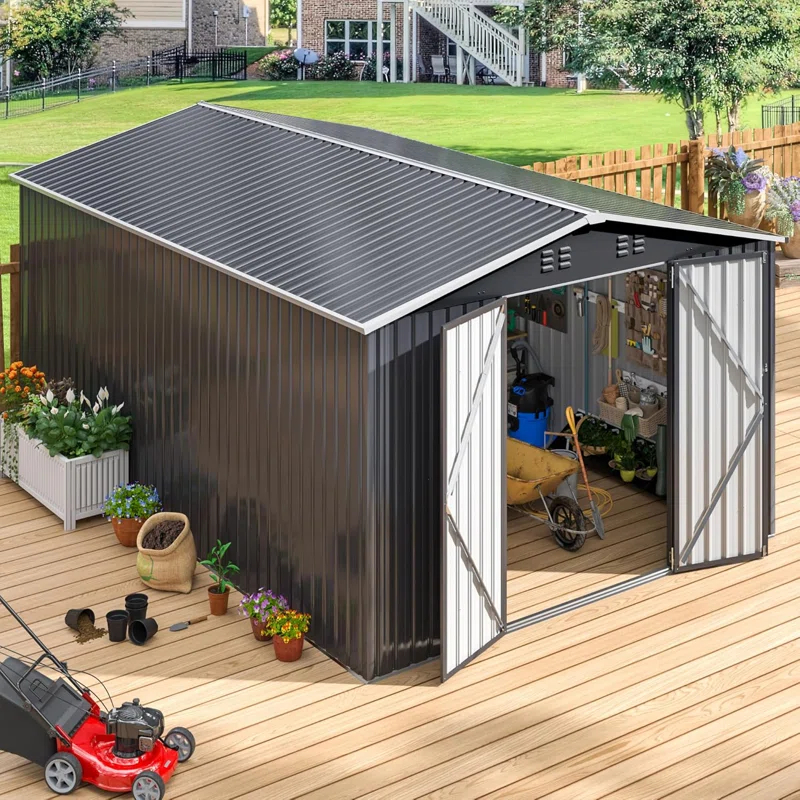10 ft. W x 14 ft. D Outdoor Metal Shed Storage with Updated Frame Structure and Lockable Doors