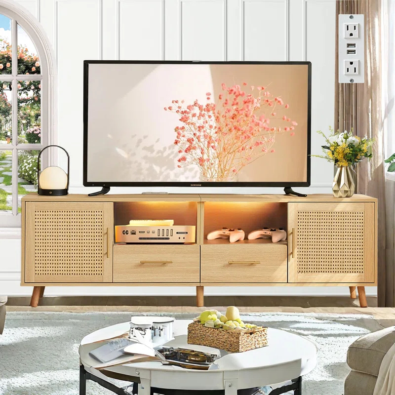 Bay Isle Home™ Heyer Large Wood Rattan TV Stand for TVs up to 75" with LED Light and Charging Station, Coastal Media Console Table, Multimedia Storage Furniture with 2 Drawers, Lighting TV Cabinet  & Reviews | Wayfair