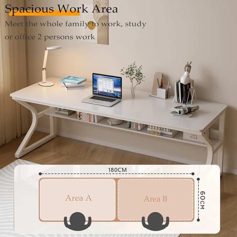 Latitude Run® Extra Long Desk with Bookshelf - 71" Double Long Writing Table for 2-Person Workstation