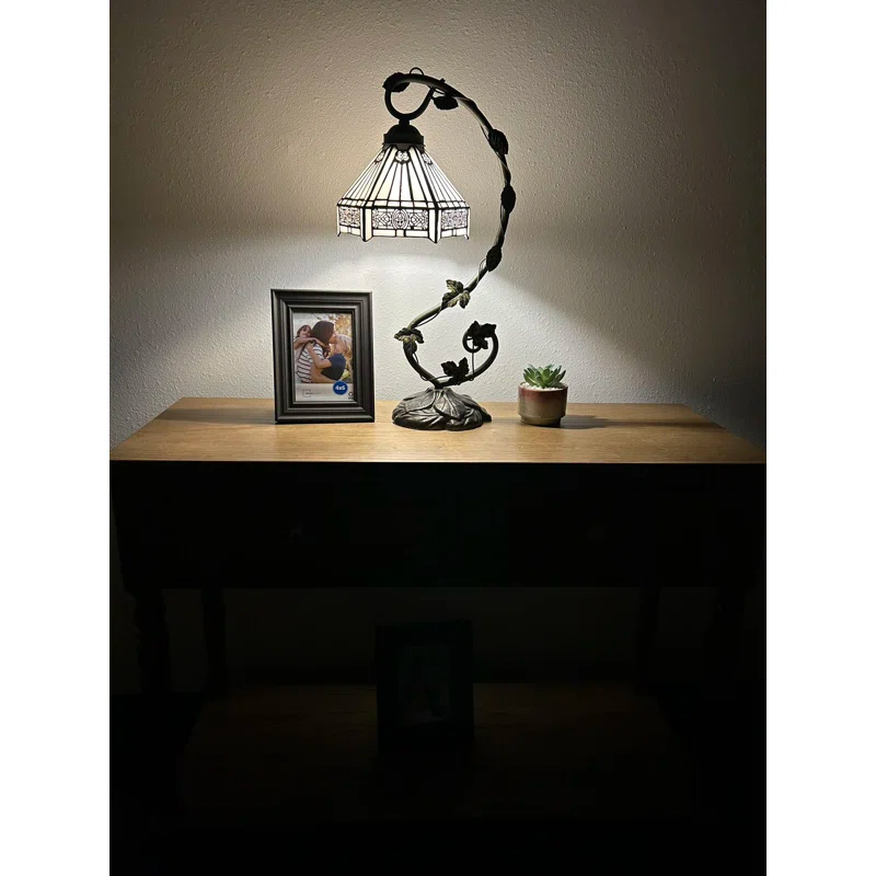 Bloomsbury Market Lemberg Tiffany Style Table Lamp White Stained Glass Hexagon Iron Metal Leaves 11"W*8"D* 21" H