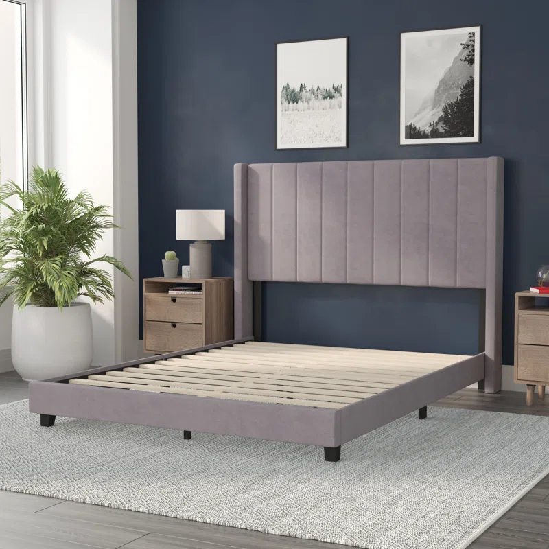 Ebern Designs Upholstered Platform Bed with Vertical Stitched Wingback Headboard, Slatted Mattress Foundation