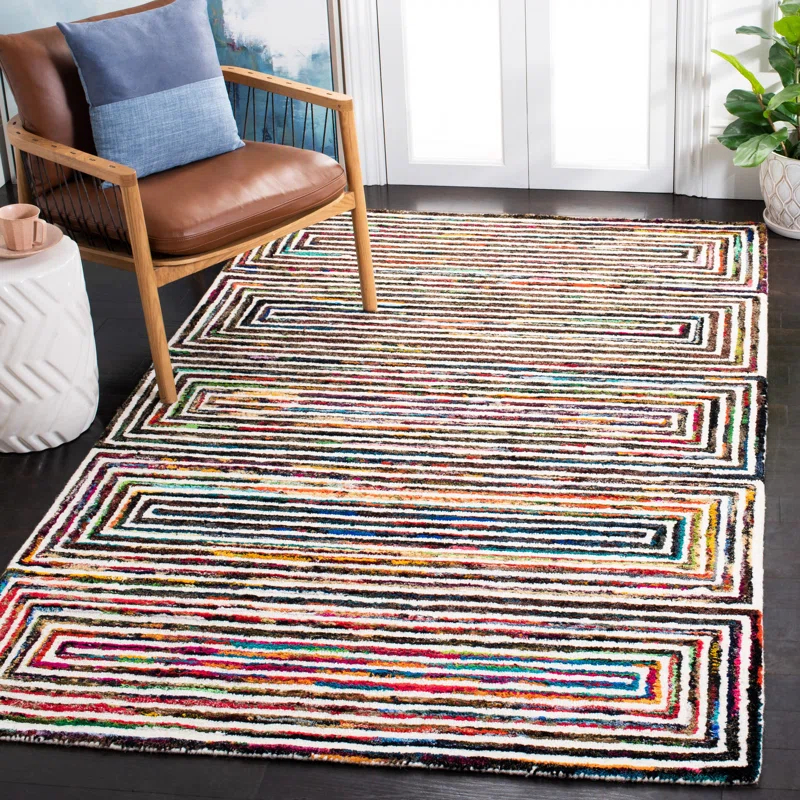 Dakota Fields Nantucket Hand Tufted Wool/Cotton Geometric Rug in Brown/Pink/Blue