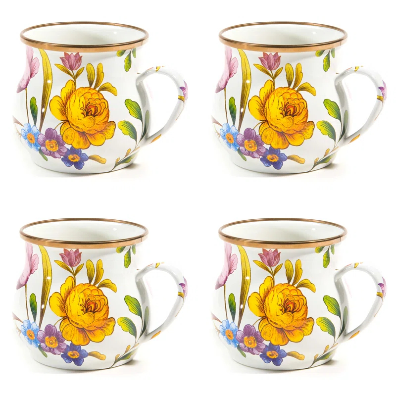 MacKenzie-Childs White Flower Market White Mugs (Set of 4)