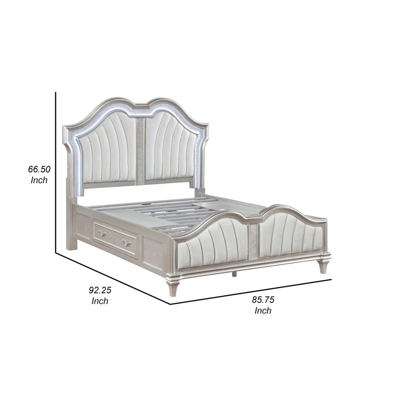 Benjara Nive Bed, LED Arch, Ivory Upholstery, Storage, Silver