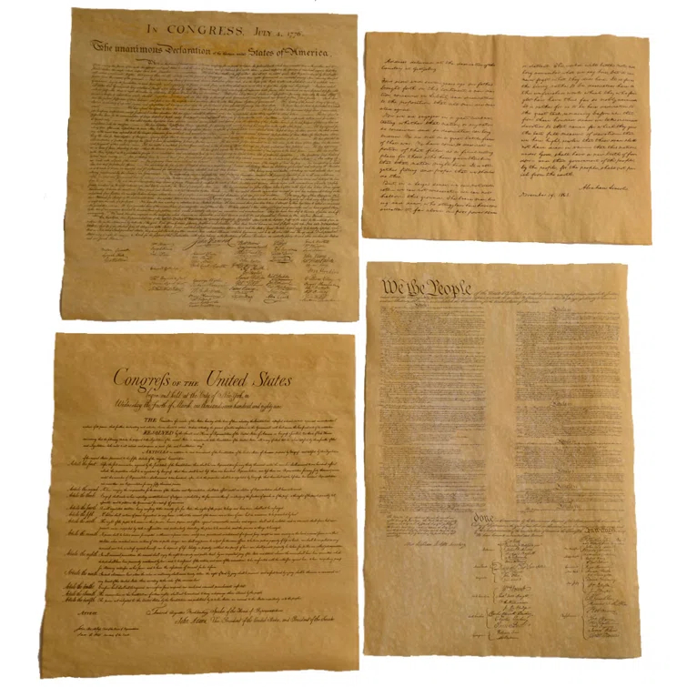 Treasure Gurus 4 Antiqued Dyed Parchment Paper Historical Documents Declaration of Independence, Bill of Rights, US Constitution, Gettysburg Address