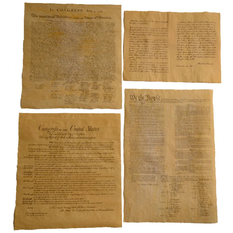Treasure Gurus 4 Antiqued Dyed Parchment Paper Historical Documents Declaration of Independence, Bill of Rights, US Constitution, Gettysburg Address