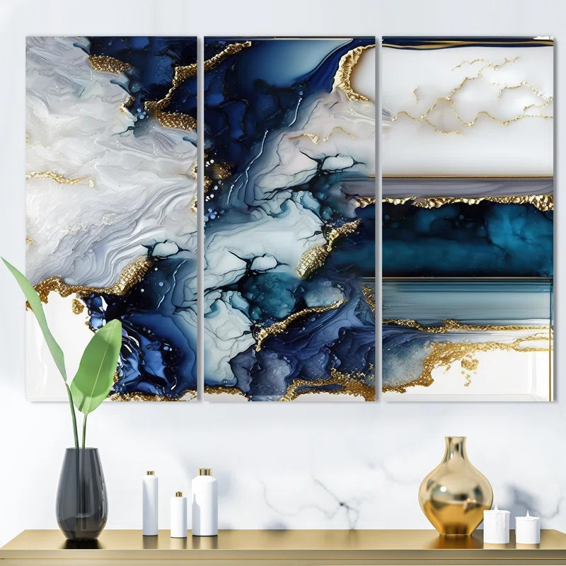 " Abstract Geode White And Blue Marble I " 3 - Pieces