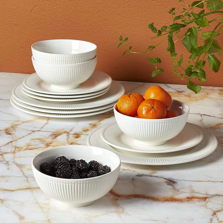 Tabletops Gallery Ivory Dinnerware 12 Piece Set Embossed Bone White Porcelain (Dinner Plate, Salad Plate, Cereal Bowl)