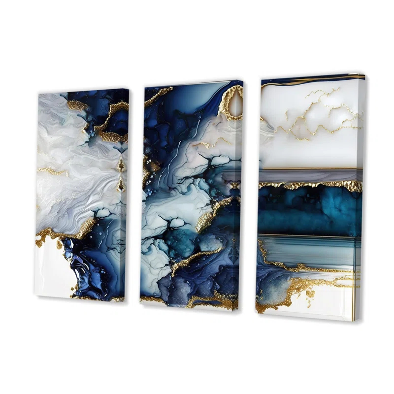 " Abstract Geode White And Blue Marble I " 3 - Pieces