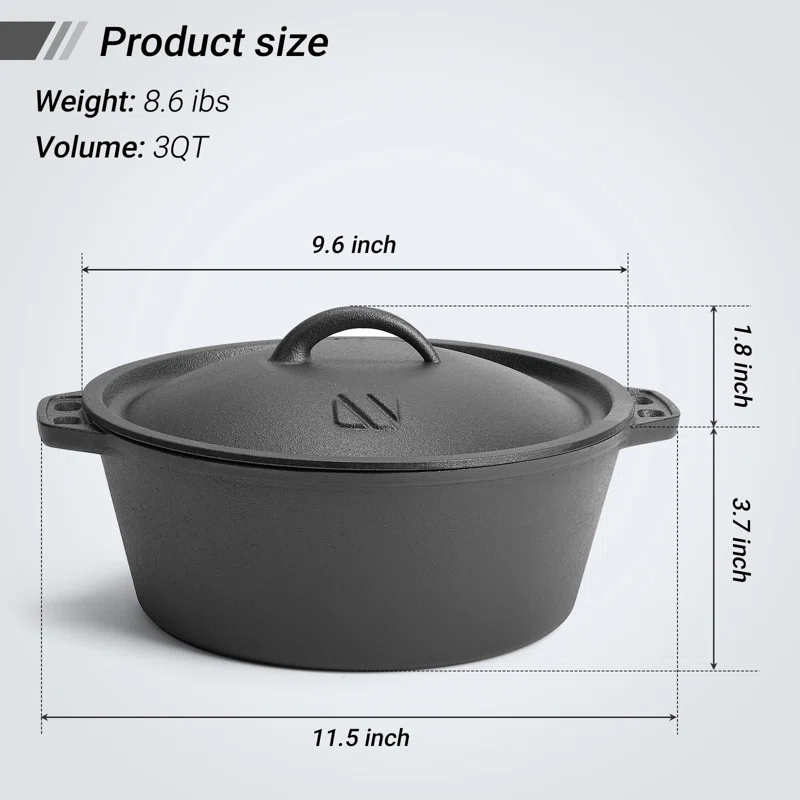 shuoli Pre-Seasoned Cast Iron Dutch Oven Pot With Lid, For Braising, Broiling, Frying, Sourdough Bread Baking, Camping Cookware, BBQ,3 Quart Pan
