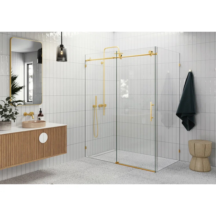 Glass Warehouse Nova 56 in. x 30 in. x 78 in. 90-degree Fully Frameless Sliding Glass Shower Enclosure 90SL-56-30-SB