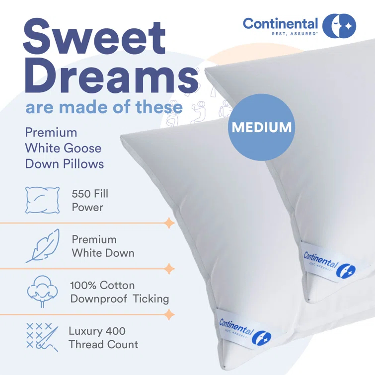 ContinentalBedding Continental Bedding 2 Luxury Down Medium Firmness Pillows Breathable Bed Pillows For Sleeping (Set of 2)