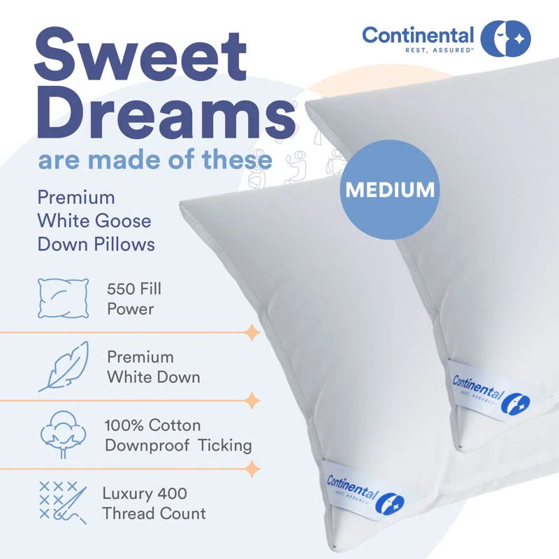 ContinentalBedding Continental Bedding 2 Luxury Down Medium Firmness Pillows Breathable Bed Pillows For Sleeping (Set of 2)