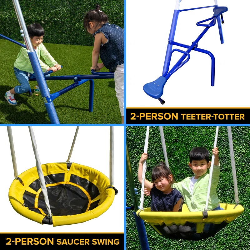 Sportspower Sportspower Taylor Galvanized Metal Swing Set With Blow Molded Swing, Standing Swing, 2 Person Teeter Totter, 32" Saucer Swing, And 5' Slide, Bonus 4pc Anchor Kit Included