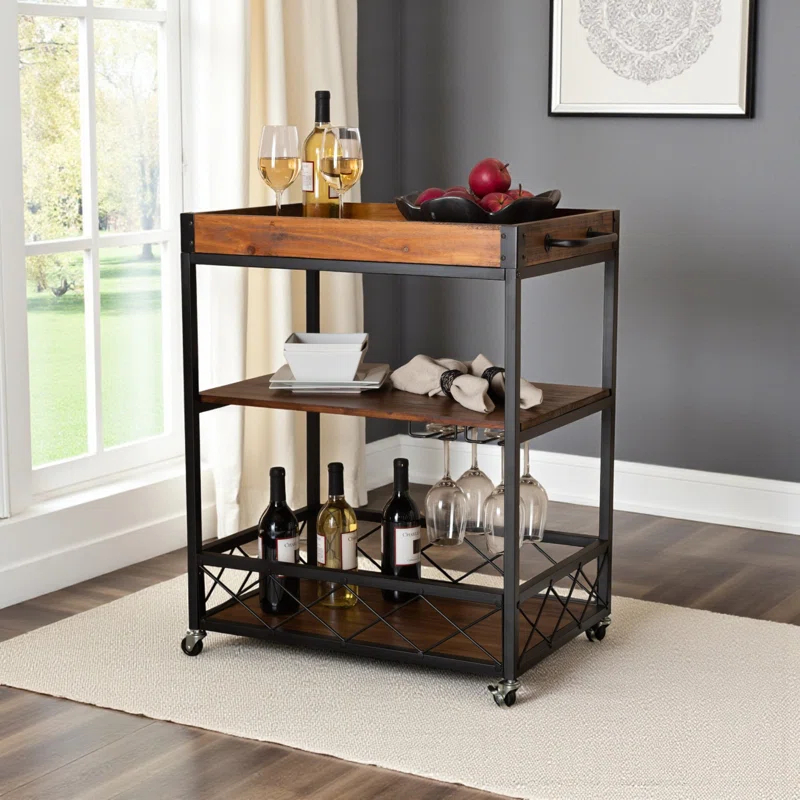 Livi Homes Paloma Mobile Metal Bar Cart with Stemware Rack in Vintage Rustic Industrial Oak Brown and Black