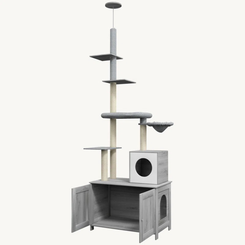 Tucker Murphy Pet™ Cat Tree With Litter Box Enclosure, 2 In 1 Floor To Ceiling Cat Tower Litter Box Furniture With Condo, Bed, Hammock, Scratching Posts, And Platforms For Indoor Use