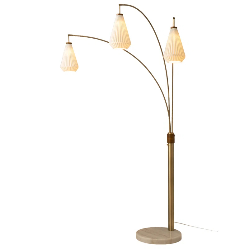 Nova of California Concord Bone Porcelain Shade 3 Light Arc Floor Lamp - 85", Weathered Brass & Walnut, Dimmer Switch
