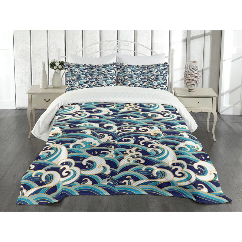 Ambesonne Ambesonne Nautical Bedspread Set Ocean Waves Pattern Blue and White