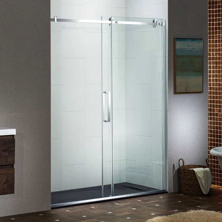 WoodBridge Semi-Frameless Single Sliding Shower Doors, 56-60" W X 76" H With 5/16" Clear Tempered Glass And Explosion-Proof Film MSDF6076-C