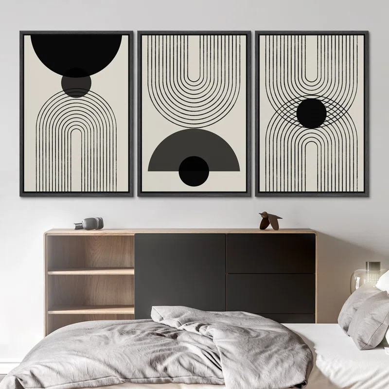 Mid-Century Modern Black And White Minimalist Abstract Home Decor Framed Wall Art Work Canvas Print