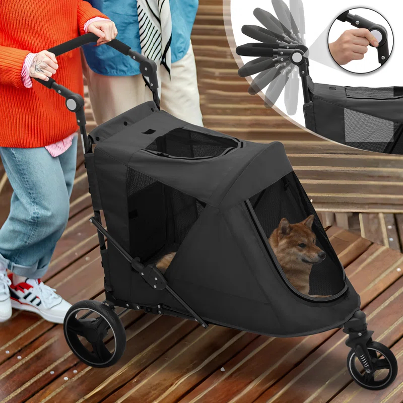 Folding 3 Wheel Pet Stroller, Foldable Dog Jogger Stroller with Adjustable Handlebar and Mesh Window