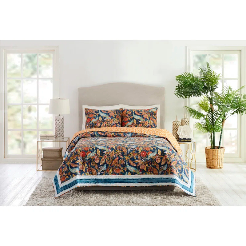 Dena Home Peacock Garden Cotton Reversible 3 Piece Quilt Set