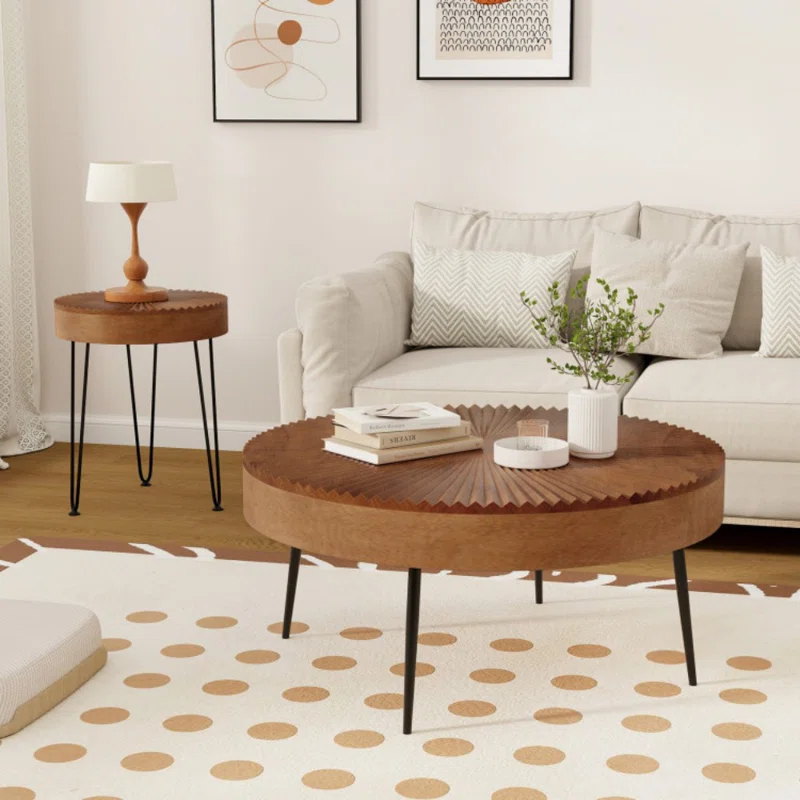 Millwood Pines Set of 2 Boho Round Coffee Table with Solid Pine Wood Top and Metal Legs