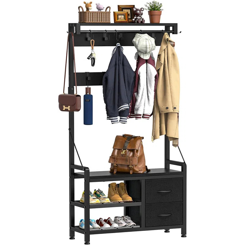 Hall Tree, 31” Entryway Bench with Coat Rack freestanding, 5 in 1 Intelligent Design Shoe Bench