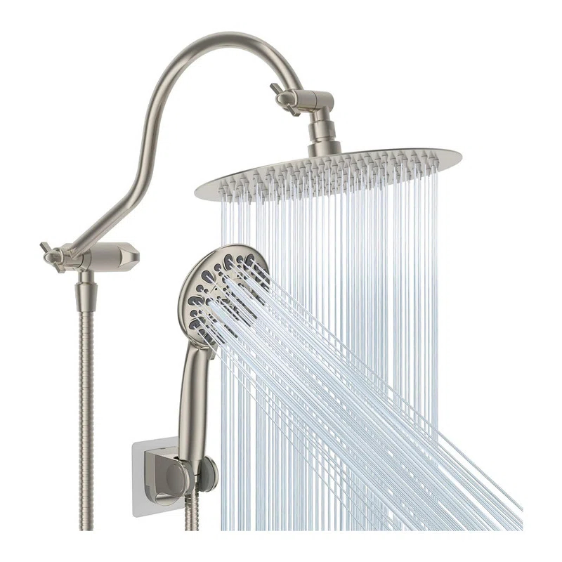 10'' High Pressure Rainfall Shower Head/Handheld Showerhead Combo with 12'' Adjustable Curved