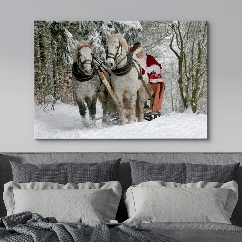 IDEA4WALL Christmas Holiday Celebration Winter Snow Forest Signs Santa Claus Riding Horses Pictures Canvas Print Large Wall Art