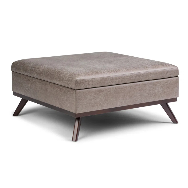 Simpli Home Owen 36"W Upholstered Square Coffee Table Storage Ottoman with Lift Top and Solid Wood Legs