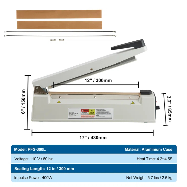 VEVOR VEVOR 12" Aluminum Hand Impulse Heat Sealer Machine Poly Plastic Bags Sealing