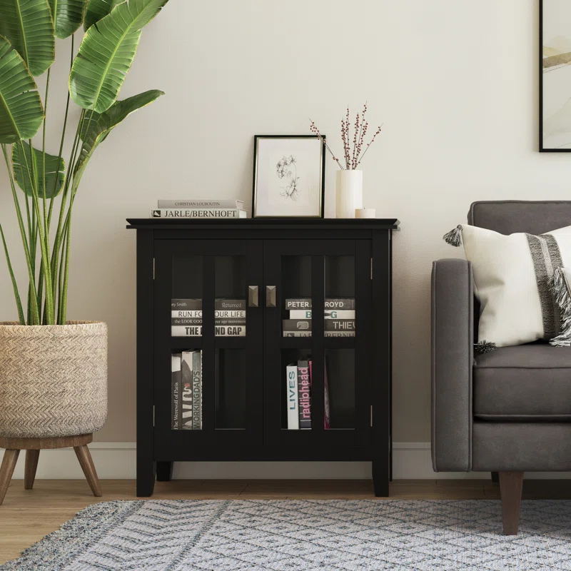 Simpli Home Artisan 30"W Solid Wood 2-Shelf Low Storage Cabinet with Glass Doors and Adjustable Shelves