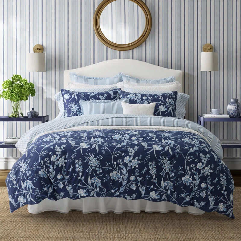 Laura Ashley Branch Toile Cotton Blue Duvet Cover Bonus Set