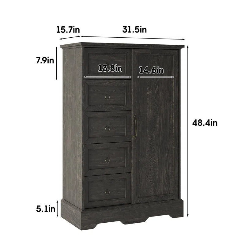 Gracie Oaks 5 Drawers Dresser With Cabinet, 48" Tall Chest, Wooden Closet Dresser With Sliding Barn Door For Living Room, Hallway