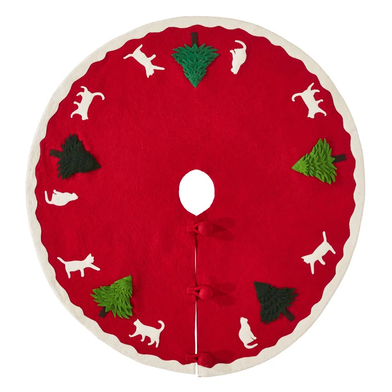 Arcadia Home Cats & Green Trees Hand-Felted Christmas Tree Skirt - 60"