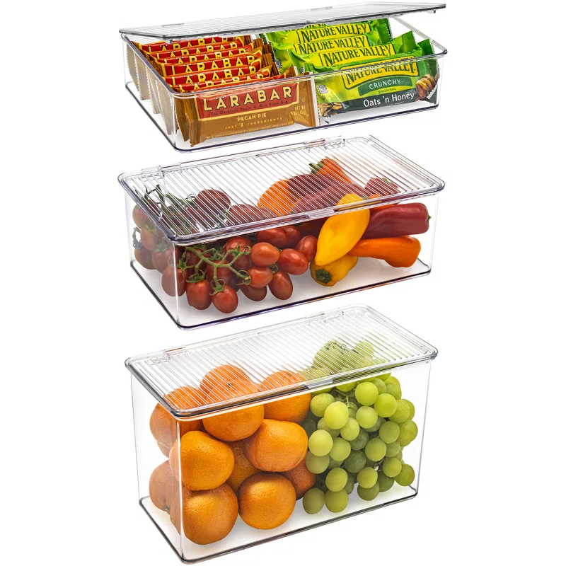 Sorbus Variety Clear Storage Bins For Pantry & Fridge With Hinged Lids, 3 Piece