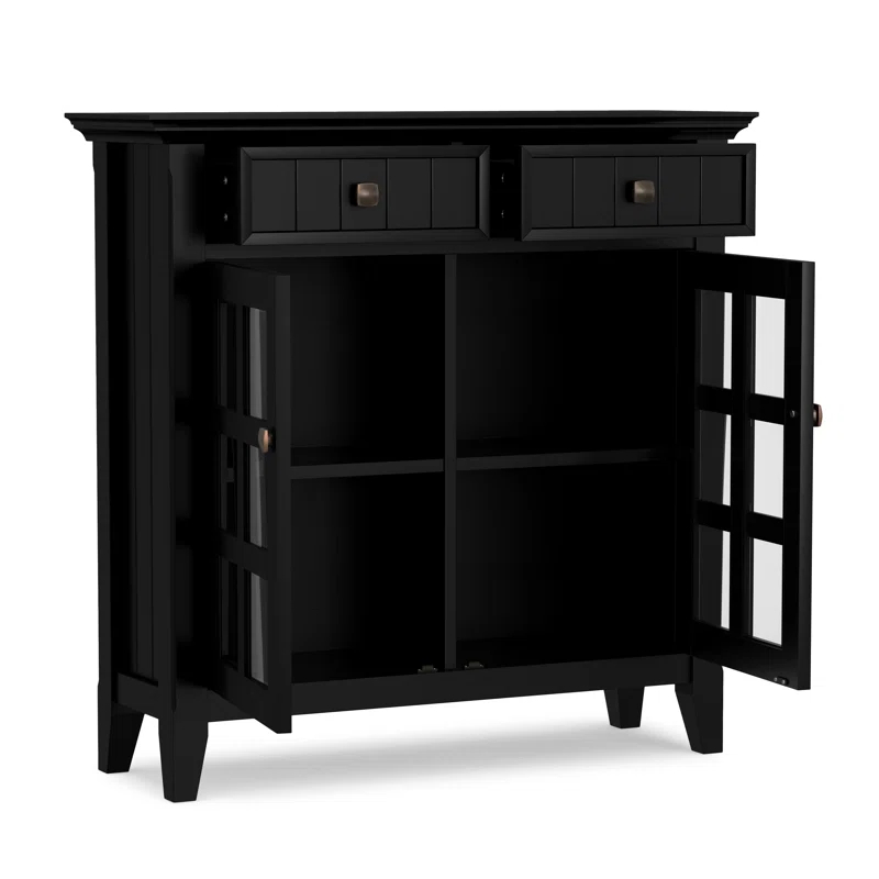 Simpli Home Acadian 36"W Solid Wood 2-Shelf Entryway Storage Cabinet with Glass Doors and 2 Drawers
