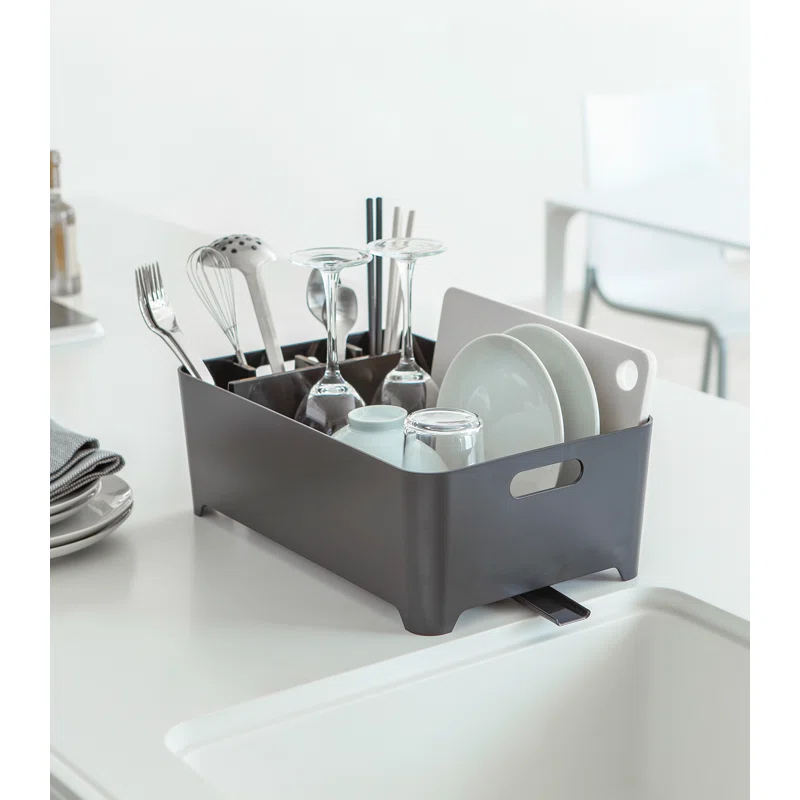 Tower Yamazaki Home Dish Drying Rack with Drainage Spout, 1.25 gallon, Utensil Holder, Handles