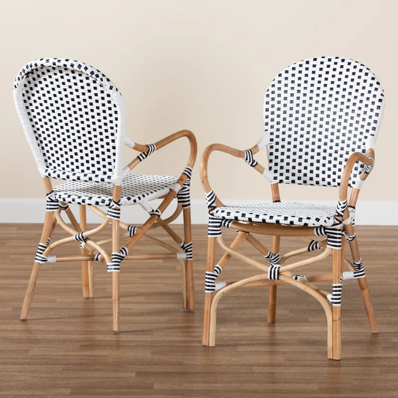 Bayou Breeze Cada Rattan Arm Chair in Black/White/Natural (Set of 2)