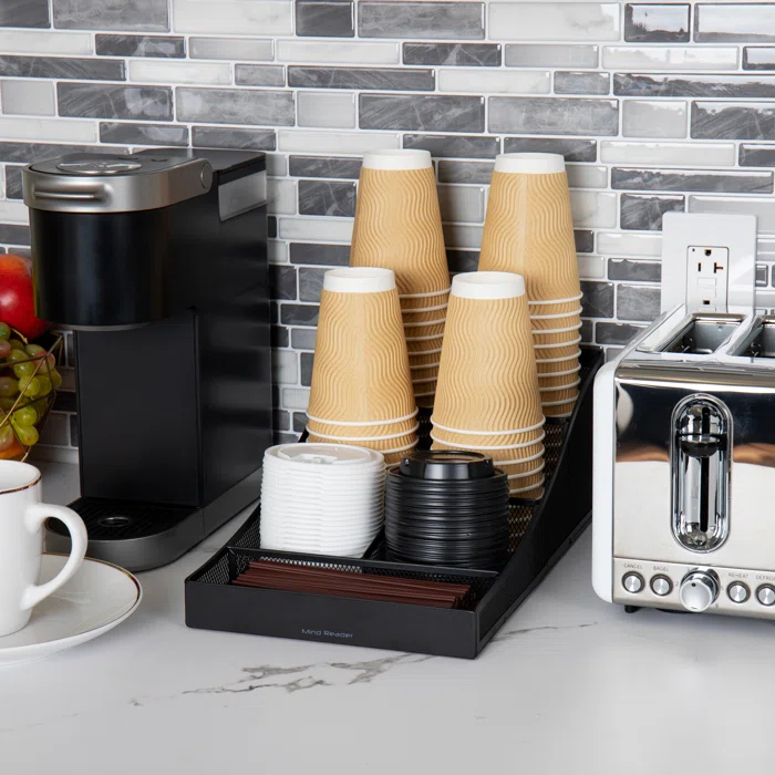 Mind Reader Mind Reader Cup and Condiment Station, Countertop Organizer, Coffee Bar, Kitchen, Metal Mesh, 8.5"L x 14.5"W x 5.25"H