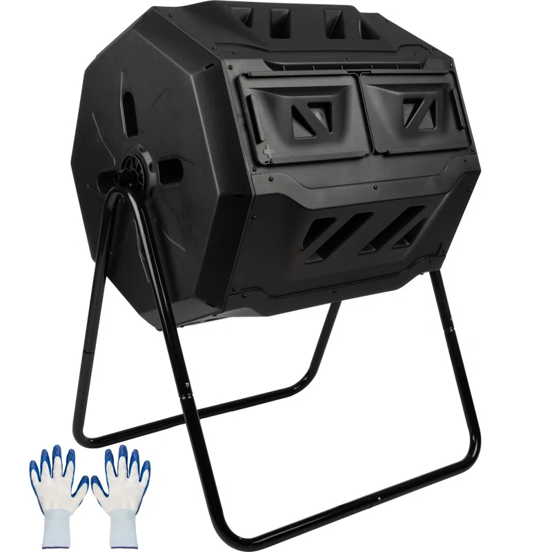 Pure Garden Compost Tumbler - 43Gal Compost Bin with Dual Chambers, 360-Degree Rotating Design, and Garden Gloves Included - Homesteading Supplies