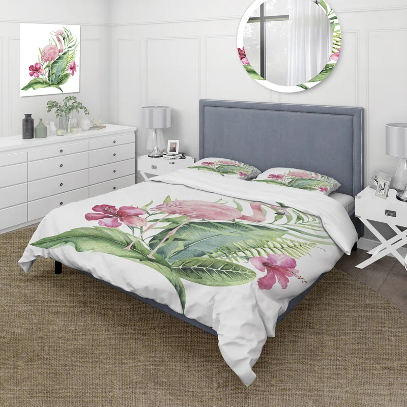 Design Art Flamingo With Exotic Foliage and Pink Flowers - Traditional Duvet Cover Set - Microfiber Polyester